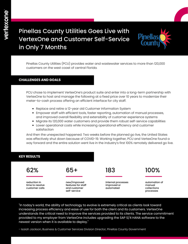 Pinellas County Utilities Goes Live with VertexOne CIS EnterpriseTM and Customer Advantage in Only 7 Months, Case Study - VertexOne